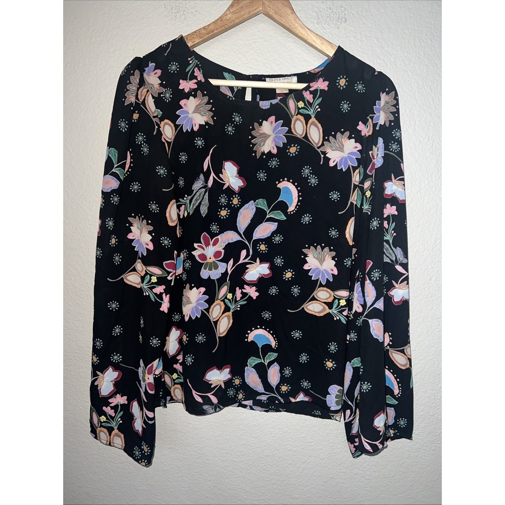 Finn & Grace Pullover BLACK Boho Floral Anthropologie Blouse Top LARGE